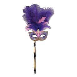 Forum Novelties Half Mask - Glittered Mask On Stick Purple Feathers Venetian Masks